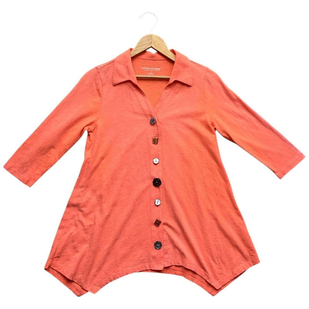 Soft Surroundings Danielle Button Top Tunic Womens Small Coral 3/4 Sleeves
